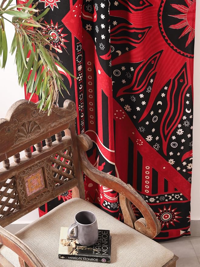 Popular Handicrafts Red Burning Sun Hippie Mandala Curtains 100 Inch Length for Living Room Bedroom 2 Panels Set Light Filtering Semi Sheer Window Curtains 84 Inch Width Boho Farmhouse Drapes W84xL100