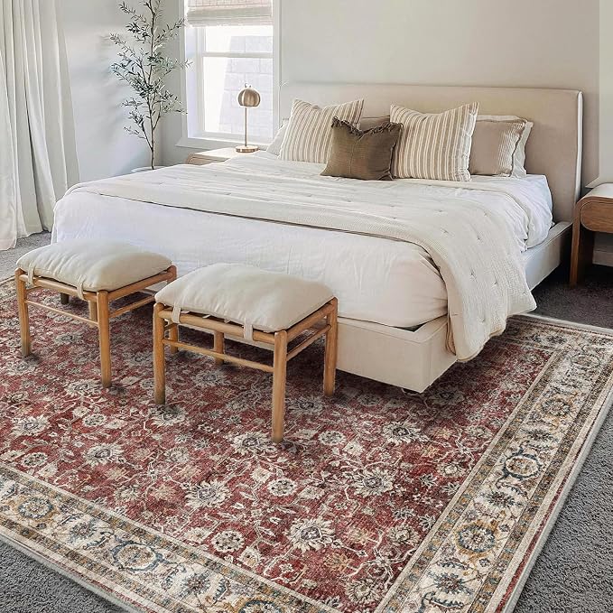 CHAMPLANT Washable Area Rug 4'x6' Traditional Floor Cover Foldable Thin Rugs Retro Kitchen Indoor Distressed Non Slip Carpet Floral Print Mat Bedroom Living Room