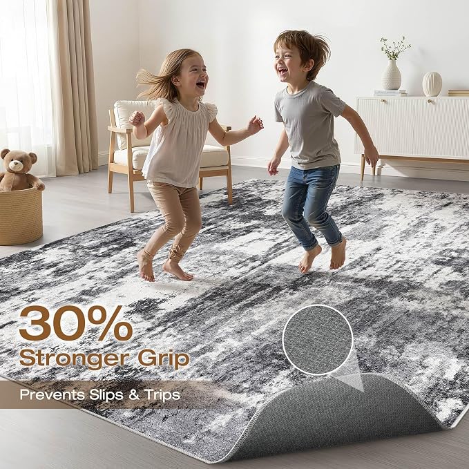9x12 Area Rug Living Room: Washable Large Neutral Rug Abstract Soft Modern Stain Resistant Indoor Floor Non-Slip Carpet for Bedroom Nursery Kids Office Playroom Dining Room Under Table- Black White