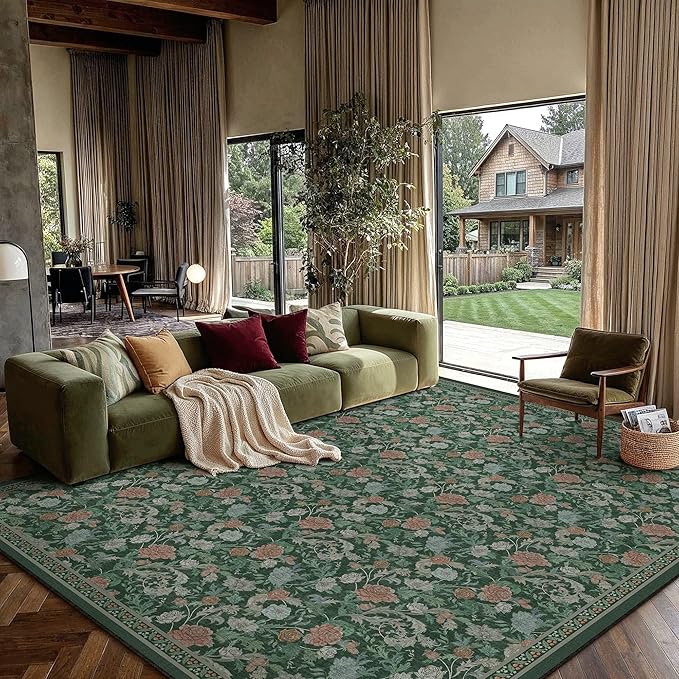 HUGEAR Retro Area Rugs 8x10 Washable Living Room Bedroom Rugs Vintage Floral Throw Carpet Green Stain Resistant Non Slip Low Pile for Home Aesthetic Modern Decor