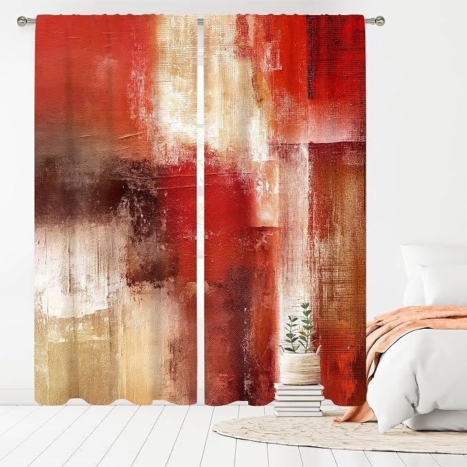 MESHELLY Red Curtains 52Wx84H Inch Rod Pocket Abstract Rustic Vintage Burgundy Brown Modern Oil Painting Bedroom Window Drapes Contemporary Women Art Aesthetic Printed Living Room Window Treatment