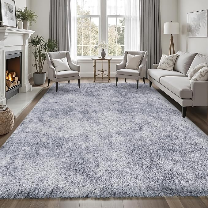 Area Rug for Living Room Bedroom: 9x12 Light Grey Soft Fluffy Shag Upgrade Non-Slip High Pile Carpet Large Fuzzy Plush Indoor Floor Decor Shaggy Rug for Kid Boys Girls Playroom Nursery Modern Home