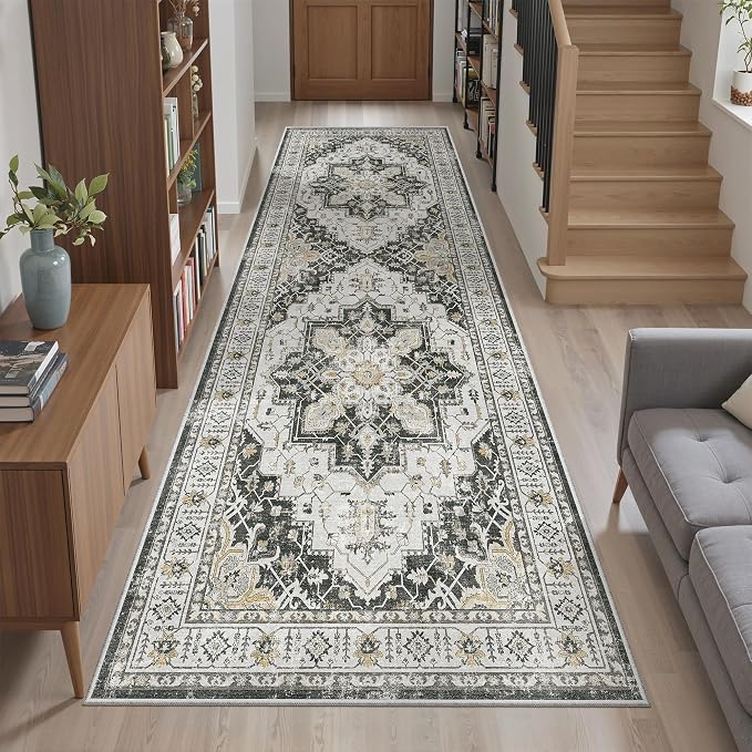 Madane Kitchen Runner 2'6''x8' Soft Rug Runners for Hallways, Black | Vintage Machine Washable Rugs 2.5x8 Ft, Non-Slip Low Pile Stain-Resistant 8ft Floor Carpet for Laundry Room, Corridor