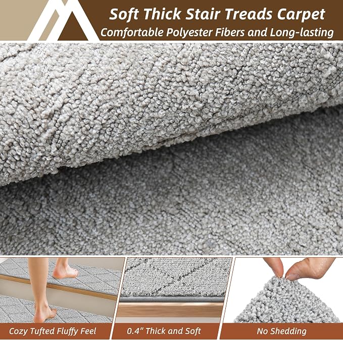 COSY HOMEER Stair Treads for Wooden Steps 11"x30" Washable Indoor Carpet Stair Treads Non Slip Soft Polyester Stair Carpet Tread Reusable Stair Runner Rugs for Kids, Elders,Pets,Grey,4pcs
