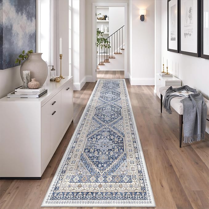 zesthome 2x8 Runner Rug, Washable Runners for Hallways with Rubber Backing, Stain Resistant Kitchen Rug, Soft Thin Carpet Runner for Entrance, Bedroom, Living Room Indoor(Blue/Beige,2'x8')