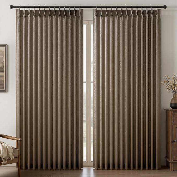 Pinch Pleated Curtains 90 Inches Long 1 Panels Set,Dark Flax Semi Sheer Cotton Blend Fabric Aesthetic Advanced Curtain Drapes for Living Room Bedroom,72x90 inch Length