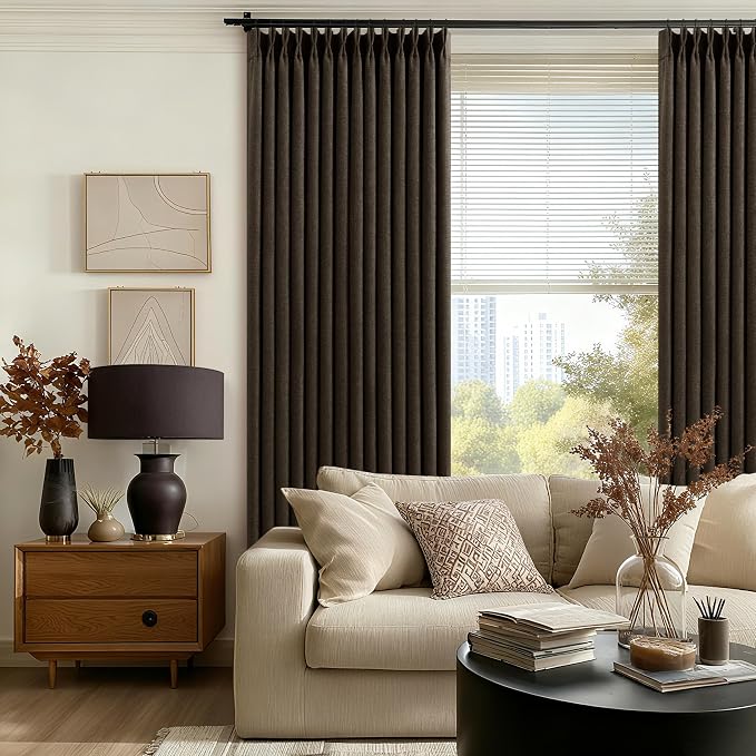 Dark Chocolate 100 Inch Linen Pleated Blackout Long Curtains for Living Room Memory Trained Dual Layer Heavy Burlap Curtain Sound Dampening Heat Blocking Floor to Ceiling Windows Drapes 2 Panels Set