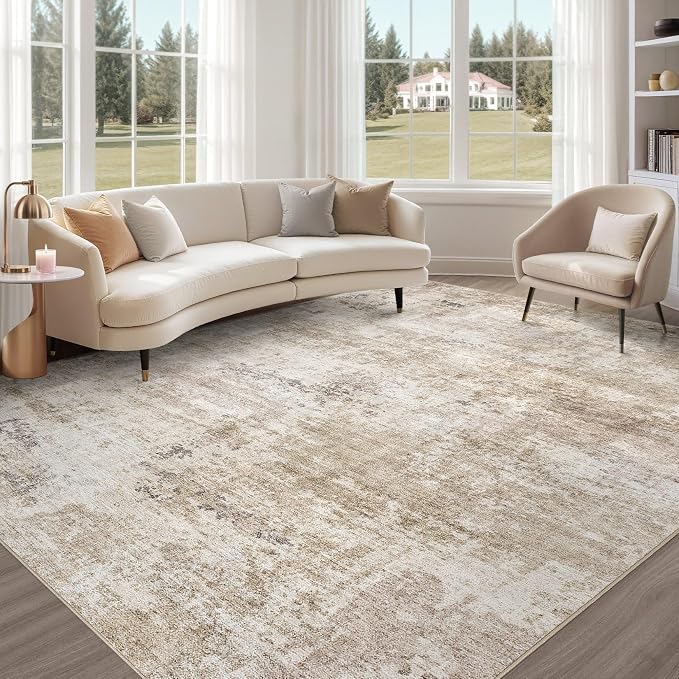 Abstract 6x9 Area Rug: Machine Washable Non Slip Ultra Thin Low-Pile Carpet, Soft Stain Resistant for Living Room Bedroom Nursery, Kid Pet Friendly, Robot Vacuum Compatible - Brown