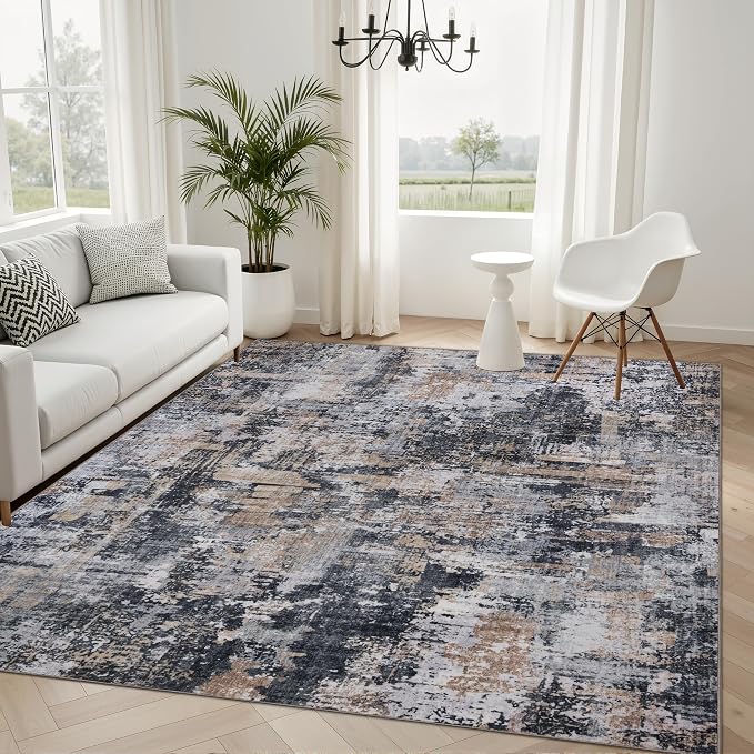 Sasttie 4x6 Soft Area Rug for Living Room, Modern Abstract Washable Carpet for Bedroom, with Non-Slip Backing, Black and Cream