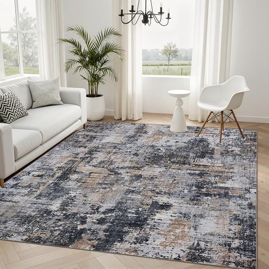 Sasttie 5x7 Soft Area Rug for Living Room, Modern Abstract Washable Carpet for Bedroom, with Non-Slip Backing, Black and Cream