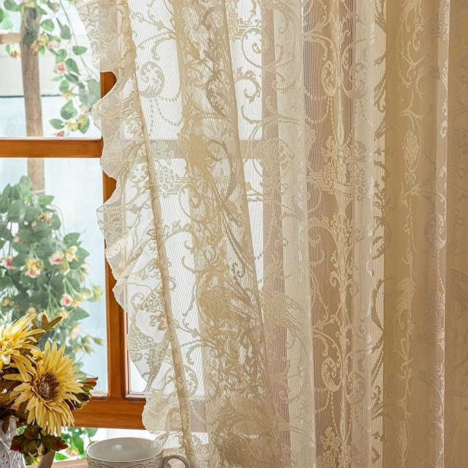 TUDECO Lace Beige Curtains for Bedroom, 80 Inch Length 2 Panels, Cozy Farmhouse Style, Sheer Floral Ruffle Design, Rod Pocket Top, Boho Home Decor, 59W x 80L, Light Beige