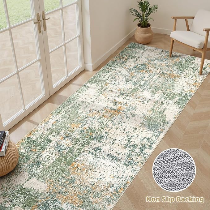 Runner Rug Kitchen Washable Rugs: 2x5 Non-Slip Abstract Soft Modern Stain Resistant Indoor Floor Neutral Accent Throw Carpet for Hallway Bathroom Laundry Room Entryway Bedroom- Green