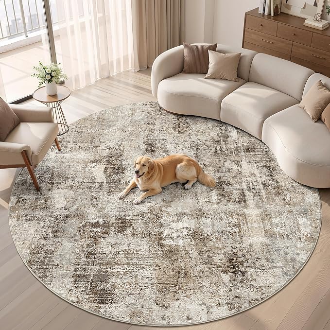 WITSHOCK Area Rugs 8ft Round Living Room Rug - Washable Neutral Soft Low Pile Non-Slip Modern Abstract Thin Large Indoor Carpet for Bedroom Dining Room Nursery Office - Dark Brown