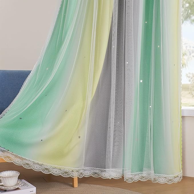 XiDi Yellow & Rainbow Curtains for Kids & Girls Room - Blackout, Grey & Green 52x72 Inch Long with Unicorn Wall Decals