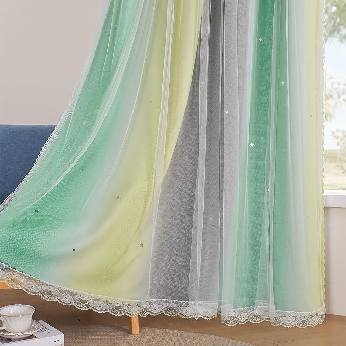 XiDi Curtains for Bedroom Decor, Rainbow GreenYellowGrey34/96/1