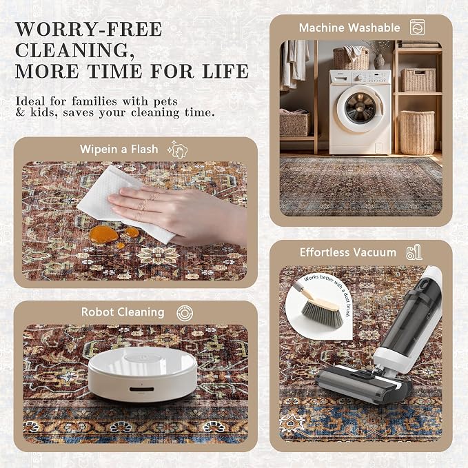 6x9 Area Rugs - Washable Vintage Retro Living Room Rug, Soft Ultra Thin Non Slip Low Pile Traditional Distressed Boho Carpet for Bedroom Dining Room Nursery Home Office, Dark Red Brown