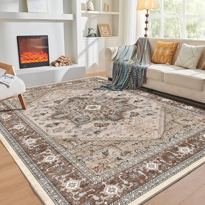 OPPODREAM Soft Area Rugs 3x5, Washable Rugs with Non Slip Backing, Low-Pile Throw 3x5 Carpet, Faux Cashmere 3 x 5 Carpet, Brown