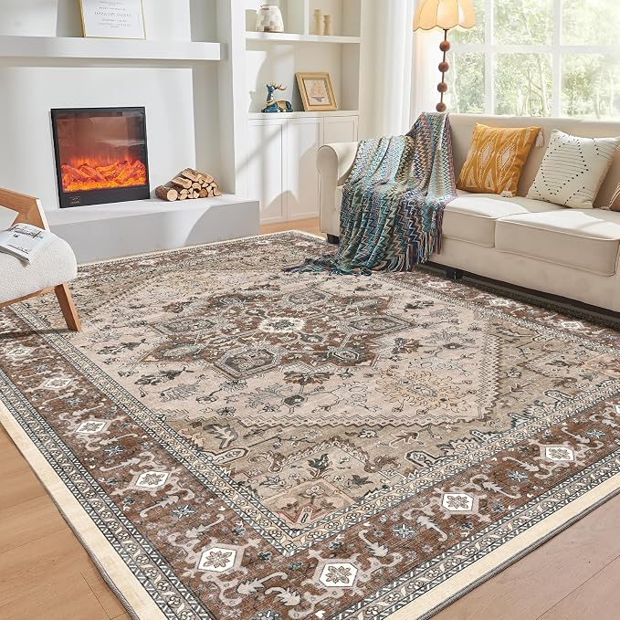 OPPODREAM Soft 8x10 Area Rugs, Washable Rugs 8x10 with Non Slip Backing, Faux Cashmere Low-Pile 8 x 10 Carpet, Brown