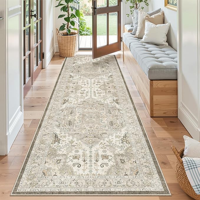 Madane Kitchen Runner 2'6''x8' Soft Rug Runners for Hallways, Ivory/Brown | Vintage Machine Washable Rugs 2.5x8 Ft, Non-Slip Low Pile Stain-Resistant 8ft Floor Carpet for Laundry Room, Corridor