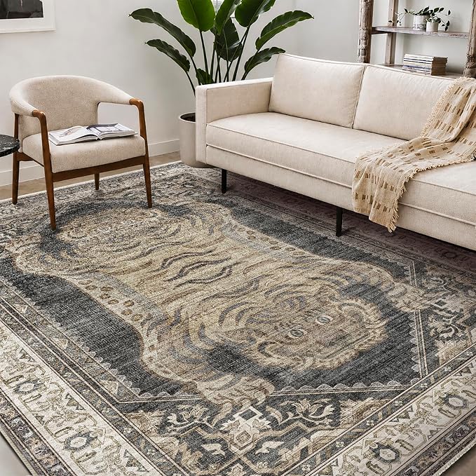 CHAMPLANT Washable Area Rug 8'x10' Retro Boho Design Non-Shedding Non-Slip Easy Care Ideal for High Traffic Areas in Living Room Bedroom Office Coffee Table Kitchen Large Carpet