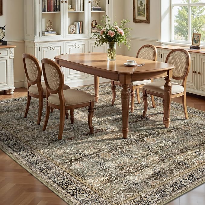 8x10 Area Rugs for Living Room - Washable Vintage Retro Large Rug, Soft Ultra Thin Non Slip Low Pile Traditional Distressed Boho Carpet for Bedroom Dining Room Home Office, Charcoal Olive