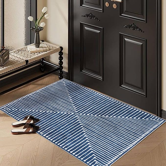 GLN Rugs Contemporary Collection - Machine Washable Area Rug, Contemporary Washable, Non Slip, Low Pile Chenille Rug, Living Room, Bedroom, Kitchen Rug (2' x 3' Lines Blue)
