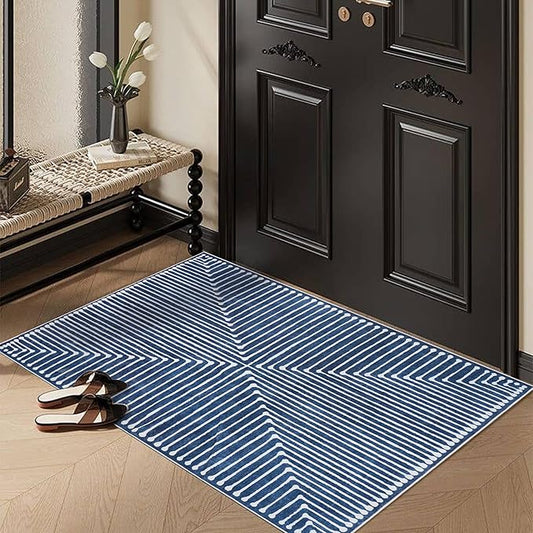 GLN Rugs Contemporary Collection - Machine Washable Area Rug, Contemporary Washable, Non Slip, Low Pile Chenille Rug, Living Room, Bedroom, Kitchen Rug (2' x 3' Lines Blue)