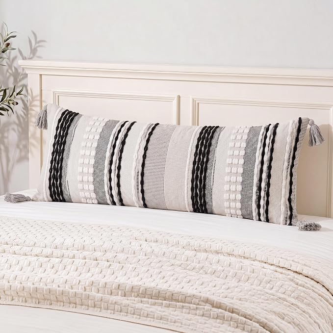 NUYECY Chenille and Cotton Long Pillow for Bed, Striped Textured Boho Lumbar Throw Pillow Cover 12x36, Neutral Accent Decorative Extra Long Body Pillow Case for Couch, Sofa, Bedroom, Black and White