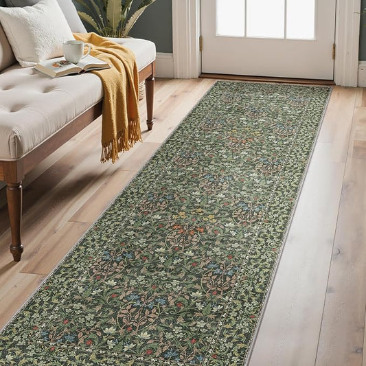 GENIMO 2.5x8 Washable Hallway Runner Rug, Non Slip, Emerald Green | Vintage Boho Floral Low Pile Thin Mat for Entryway, Kitchen, Bedroom, Indoor Decor