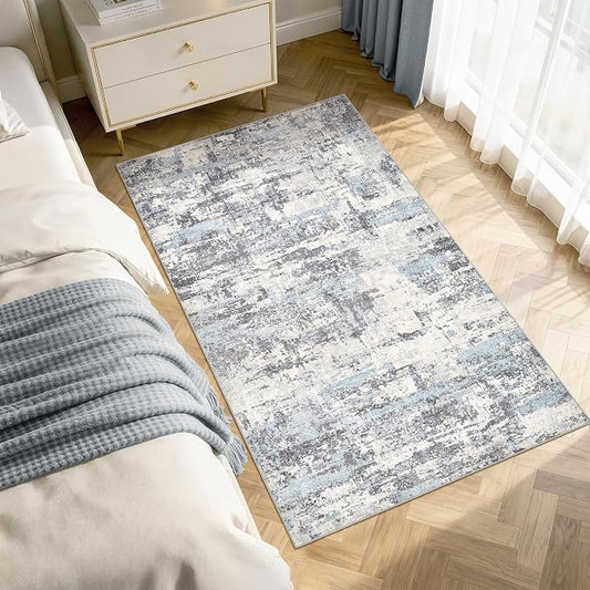 Hallway Washable Runner Rug: 3x5 Abstract Modern Soft Stain Resistant Non-Slip Backing Runner for for Entryway Kitchen Laundry Living Bathroom - Blue Grey