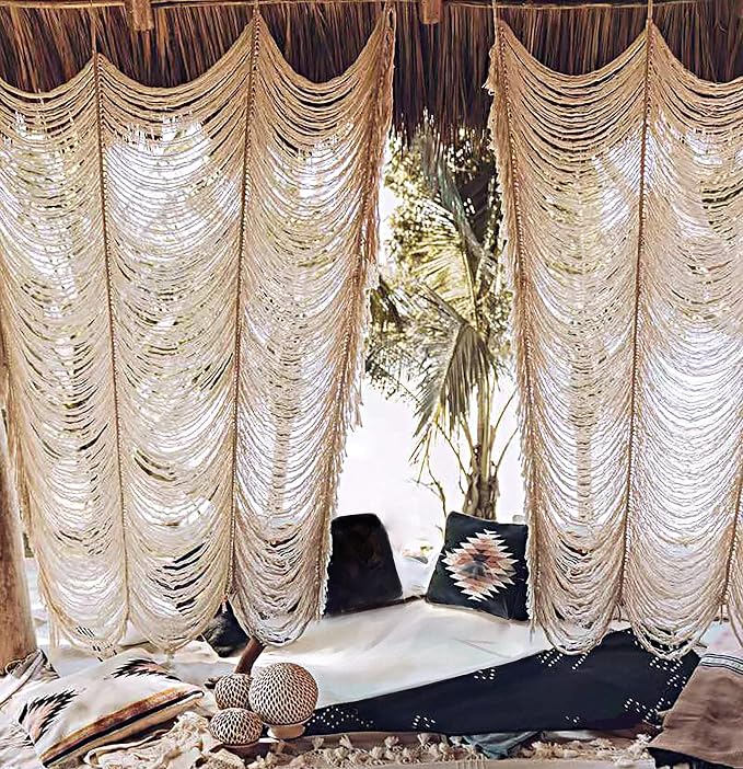 2 Panels Macrame Curtains 59" W x 75" H Boho Doorway Curtains Window Curtains Wall Hanging Handmade Fiber Yarn Art Woven Headboard Decor for Bedroom Living Room