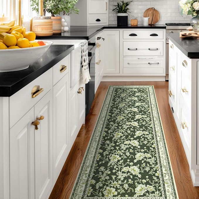 Olive Green Floral Print Area Rugs for Bedroom Living Room Boho Farmhouse Country Rustic Dining Room Carpet Soft Washable Rugs Non Slip Floor Covering for Nursery Playroom 2x6