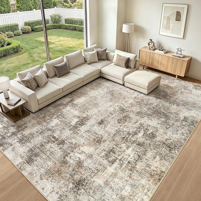 WITSHOCK Area Rugs 11x14 Living Room Rug - Washable Neutral Soft Low Pile Non-Slip Modern Abstract Thin Large Indoor Carpet for Bedroom Dining Room Nursery Office - Dark Brown