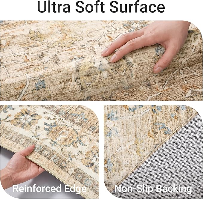 befbee 9x12 Area Rug,Ultra-Thin Washable Rugs for Living Room,Non-Slip Lightweight Foldable Area Rug,Stain Resistant Vintage Large Rugs (Apricot/Blue, 9'x12')