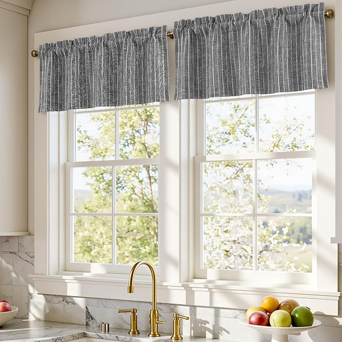 DriftAway Stripe Blackout Linen Curtain Valance Double Layer Farmhouse Country Rustic Hygge Stripe Yarn Dyed Woven Thermal Insulated Rod Pocket Valance W52 x L18 Black