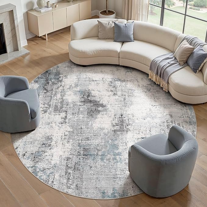 Abstract 10FT Round Rug: Machine Washable Non Slip Ultra Thin Low-Pile Carpet, Soft Stain Resistant for Living Dining Room Bedroom, Kid Pet Friendly, Robot Vacuum Compatible - Grey Blue