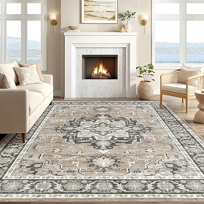 Vintage Living Room Area Rug 9x12 - Large Soft Washable Oriental Traditional Distressed Farmhouse Rugs for Bedroom - Indoor Floor Accent Carpet for Home Office House Decor - Black Brown