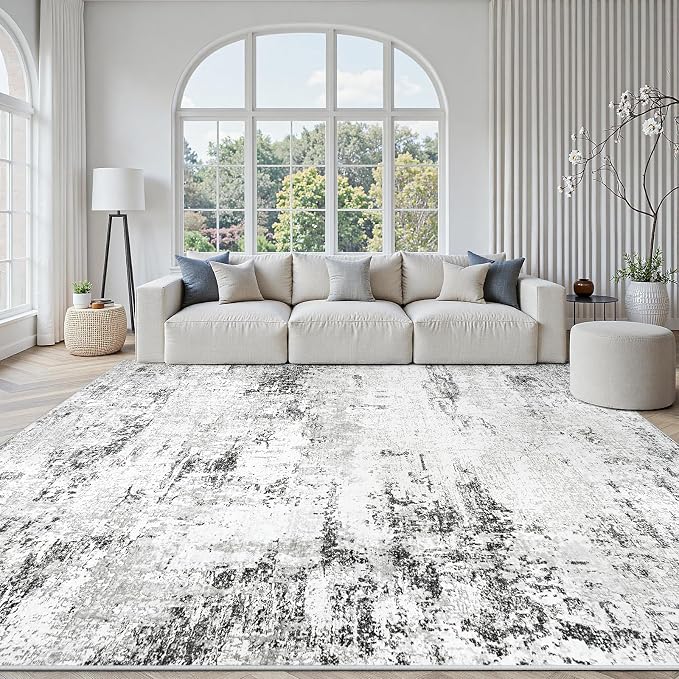 Area Rugs 10x14 Living Room: Large Modern Abstract Washable Rug Soft Anti-Skid Non-Shedding Carpet Indoor Floor Thin Carpets for Bedroom Dining Room Farmhouse Nursery Home Office White Grey Black