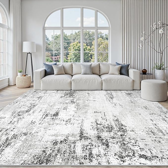 Area Rugs 8x10 Living Room: Large Modern Abstract Washable Rug Soft Anti-Skid Non-Shedding Carpet Indoor Floor Thin Carpets for Bedroom Dining Room Farmhouse Nursery Home Office White Grey Black
