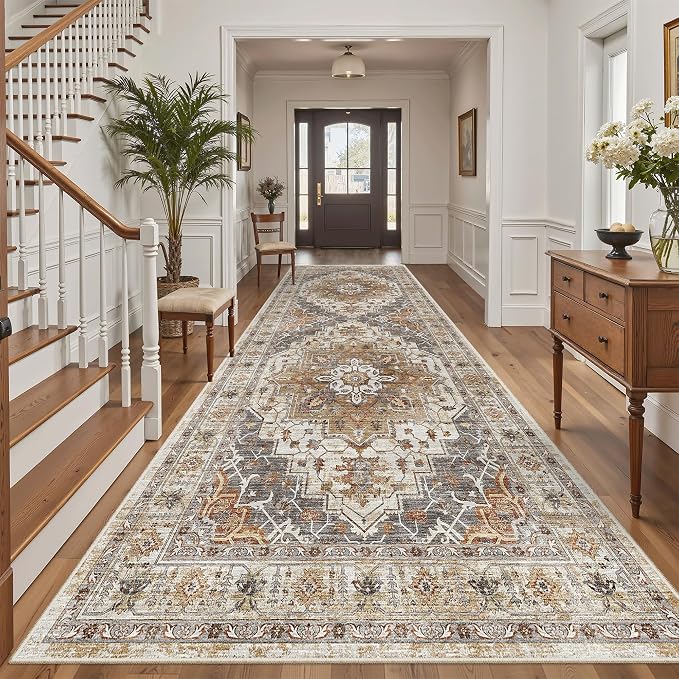 Madane 4x10 Wide Hallway Runner Rug Washable for Living Room, Turmeric/Grey | Soft Stain Resistant Ktichen Runners 10ft, Vintage Non Slip Low Pile Area Rugs, Thin Floor Carpet for Bathroom Dining Bedroom