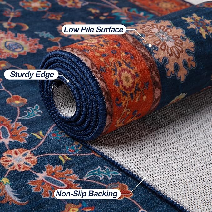 Tangsoo 9x12 Large Area Rug for Living Room,Non Slip Machine Washable Rug for Bedroom, Boho Distressed Vintage Red Blue Floral Rugs, Soft Low Pile Floor Carpet for Dining Room Office Kitchen Farmhouse