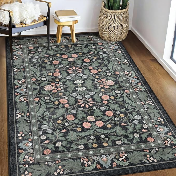 Floral Indoor Entrance 3x5 Area Rug, Washable Vintage Boho Entryway Rugs, Low Pile Non Slip Soft Carpet for Kitchen, Bedroom Beside, Laundry Room, Office Rug, Kids Room, Nursery Room，Black Green