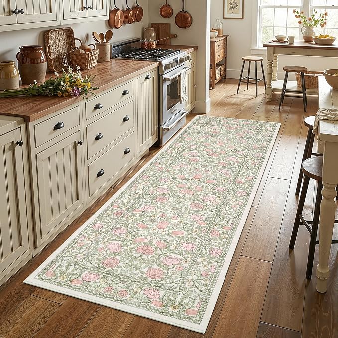 GarveeHome Pink and Green Beige Vintage Floral Small Rug 2x3 Door Mat Indoor Rugs for Entryway Washable Non-Slip TPE Backing Soft Low-Pile Rugs for Bathroom Bedroom Kitchen