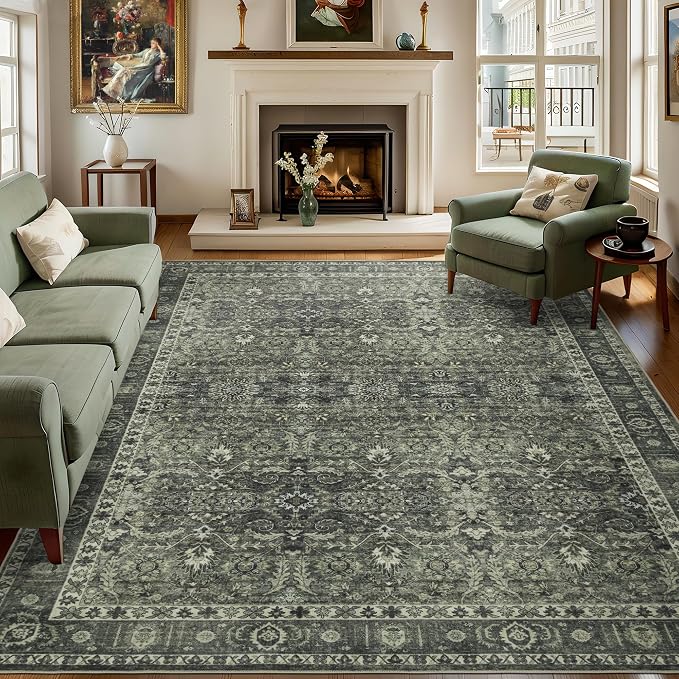 5x7 Vintage Washable Area Rug for Living Room,Low Pile Non Slip Carpet Non-Shedding Area Rug Soft Indoor Stain Resistant Rug Floral Print Mat for Bedroom Dining Room Green Floral