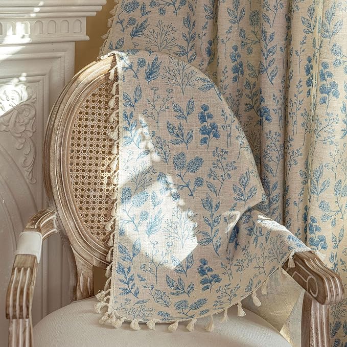 OYX Boho Blue Floral Curtains 63 Inch,Linen Farmhouse Leaf & Flower Drapes with Tassels, Light Filtering Semi Sheer Curtains for Living Room Bedroom, 2 Panels, Rod Pocket, 52Wx63L