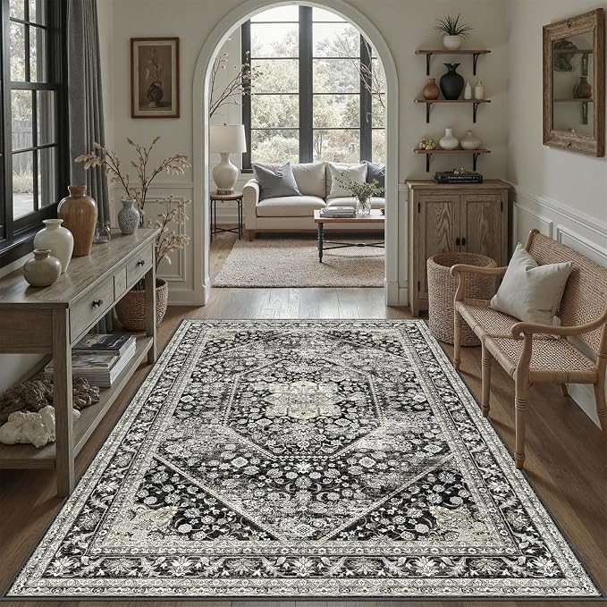 DCX Machine Washable Black Area Rug 4x6, Non Slip Stain Resistant Vintage Floral Rug for Living Room Bedroom Dining Room, Soft Low Pile Large Carpet