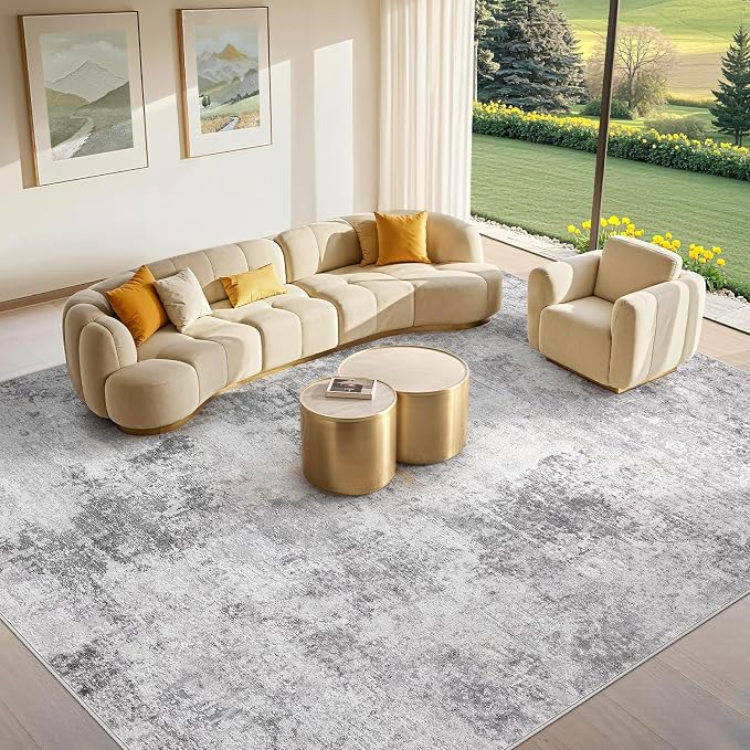 Tortania Washable 8x11 Area Rug for Living Room: Modern Abstract Neutral Large Soft Thin Rugs - Non Slip Indoor Carpet for Bedroom Dining Room Office Nursery Home Floor Decoration - Smoky Gray
