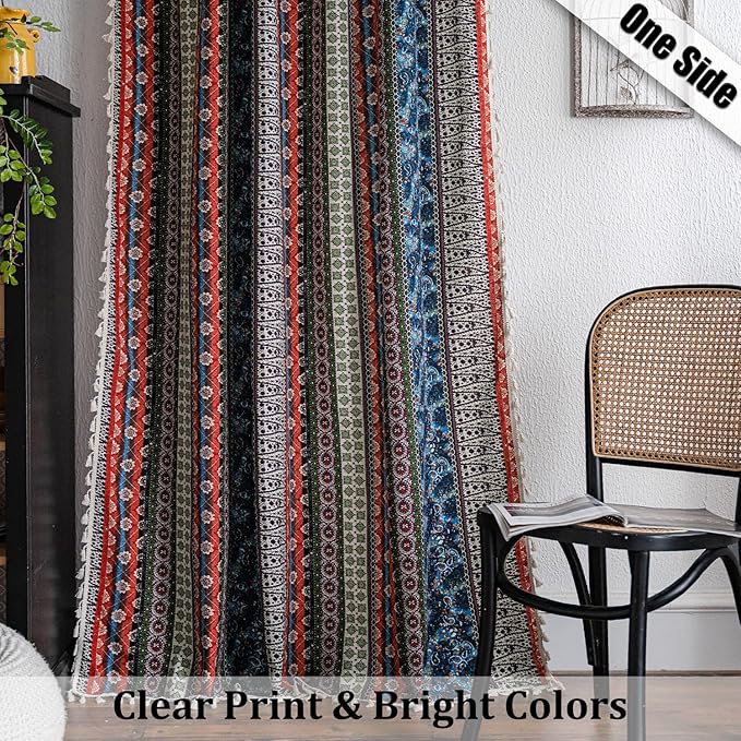 VOGOL Linen Textured Boho Curtains, Red Strips Geo Print Room Divider Drapes for Living Room, Soft Touch Rod Pocket Window Curtain for Bathroom, 28 x 84, 1 Pack
