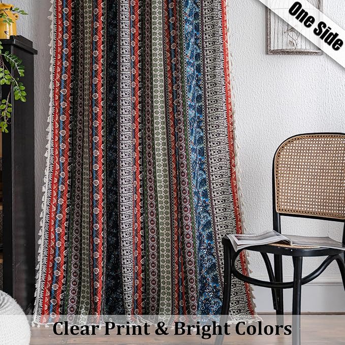 VOGOL Boho Striped Curtains with Tassels, Semi Blackout Faux Linen Drapes for Living Room or Kitchen Windows, Red & Blue Pattern, 2 Panels, 52 x 84 Inches