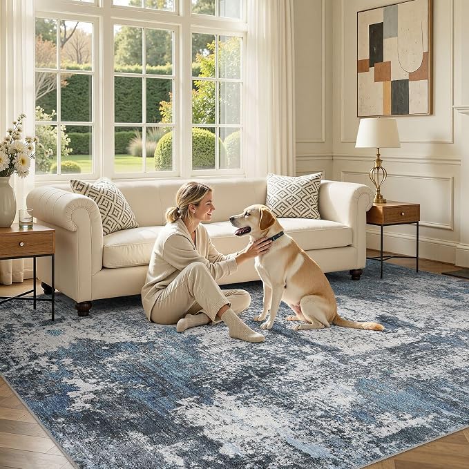 DMOYEST Area Rug Living Room Rugs - 10x14 Large Soft Indoor Neutral Modern Abstract Low Pile Washable Rug Carpet for Bedroom Dining Room Farmhouse Home Office - Grey Blue